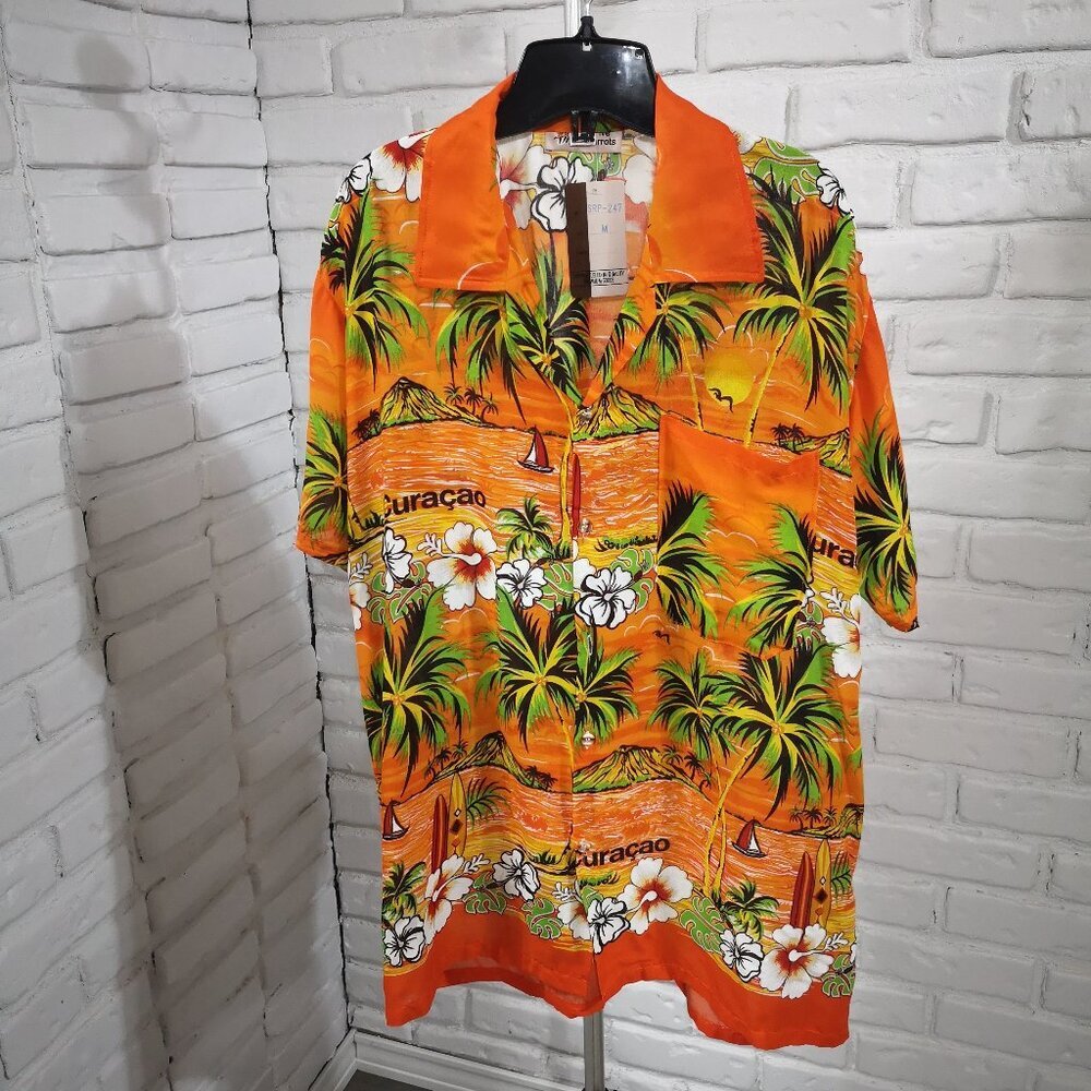 NWT Five Parrots Men's Size Medium Orange w/ Tropical Island Pattern Shirt